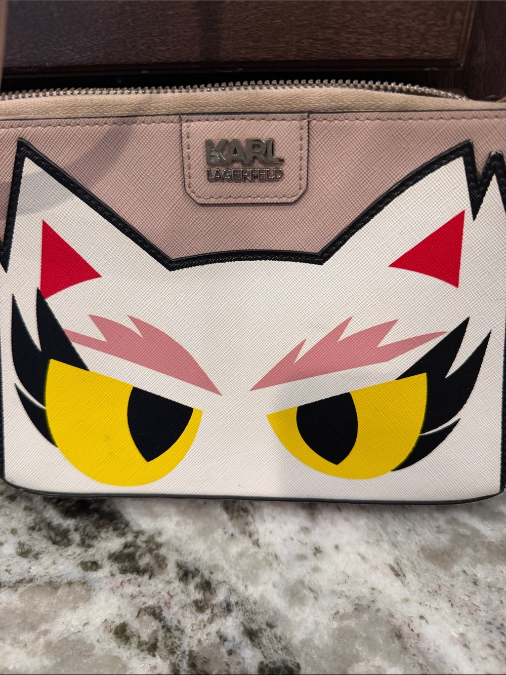 Karl Lagerfeld Pink & White Cat-Face Cosmetic Pouch with Yellow Eye Detail